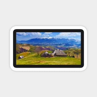 Wooden house and mountains panorama Magnet