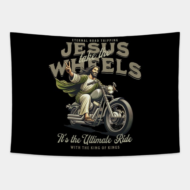 Eternal Motorcycle Road Tripping - Jesus Take the Wheels Tapestry by Contentarama