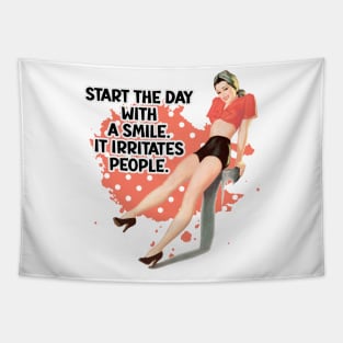 Start your day with a smile retro housewife humor cute pin-up girl Tapestry