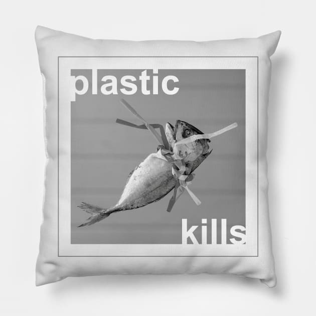 'Plastic kills' typography in a design with a dead fish strangled by plastic straws. Pillow by Earthworx