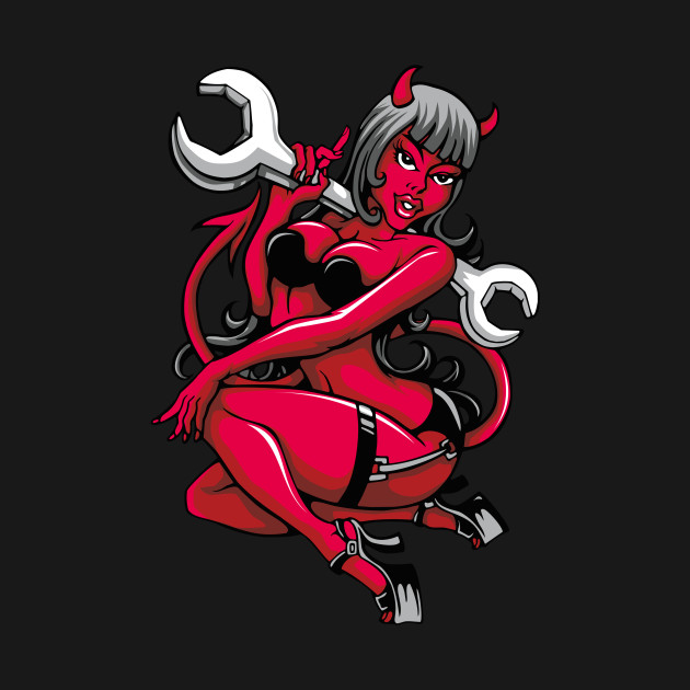 devil pin up girl with big wrench devil girl long sleeve t shirt