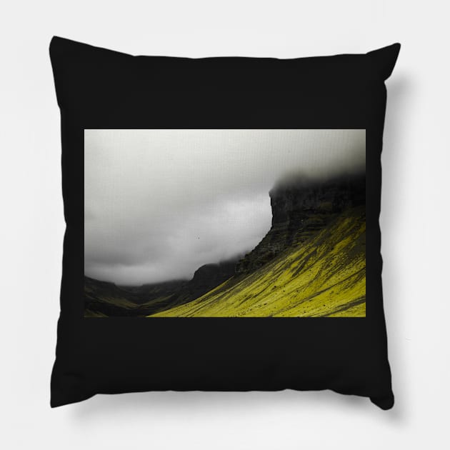 Foggy Kalfafell Mountains Pillow by somadjinn