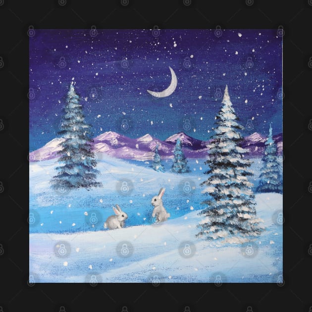 snowy mountain pine tree snow night scenery winter bunny by Tina