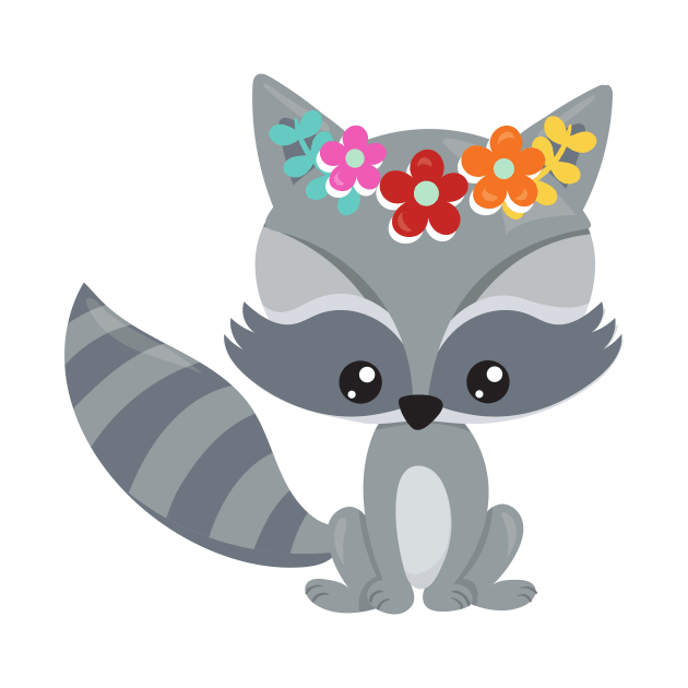 Spring Animals, Cute Raccoon, Colorful Flowers by Jelena Dunčević