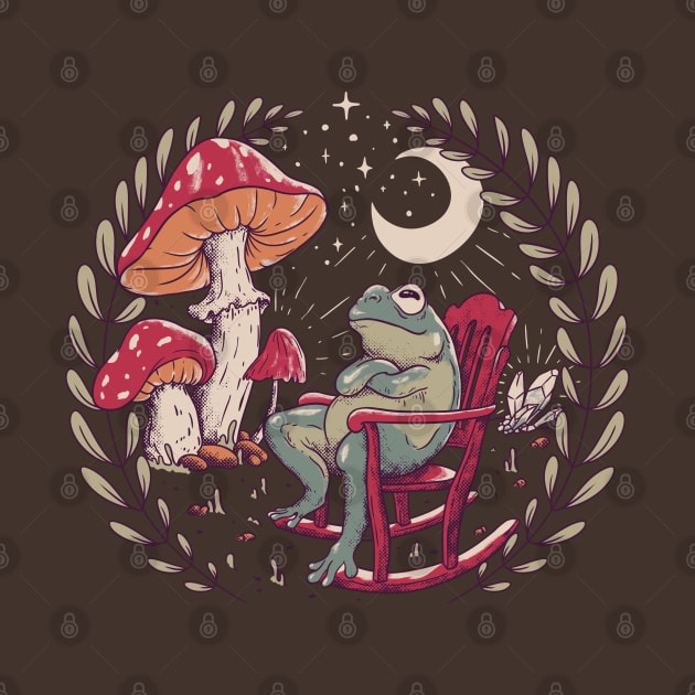 Goblincore Aesthetic Cottagecore Frog Sitting on a Rocking Chair - Color Version - waiting for mushrooms to grow - Mycology Shrooms by anycolordesigns