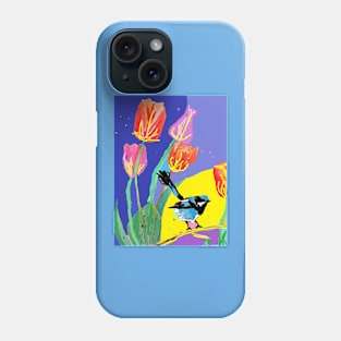 Abstract Blue Wren and Tulips Painting - on Multicoloured Phone Case