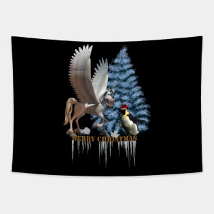 Merry christmas, funny pegasus with penguin Tapestry