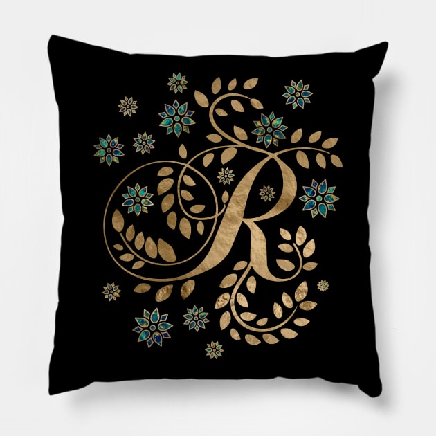 Luxury Golden Calligraphy Monogram with letter R Pillow by Nartissima