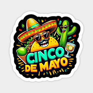 Funny Cinco De Mayo Cartoon Taco Wearing Sombrero,  Lime with Sunglasses and Dancing Cactus! Magnet