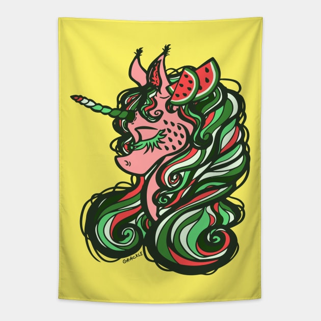 Watermelon Unicorn Tapestry by Jan Grackle