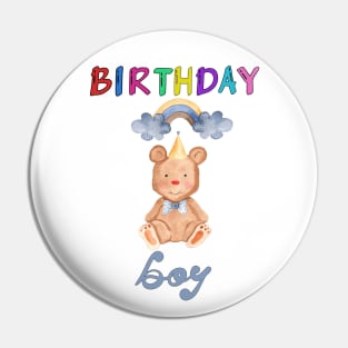 Birthday Boy Cute Teddy Bear and Rainbow Watercolor Art Pin