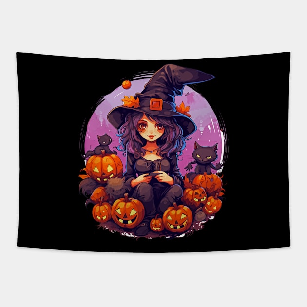 Halloween Witch Black Cats Jack-o-Lanterns Tapestry by Tees 4 Thee