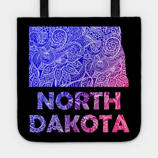 Colorful mandala art map of North Dakota with text in blue and violet Tote