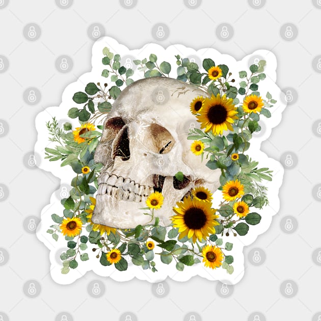 Skull and sunflowers, sugar skull and flowers Magnet by Collagedream