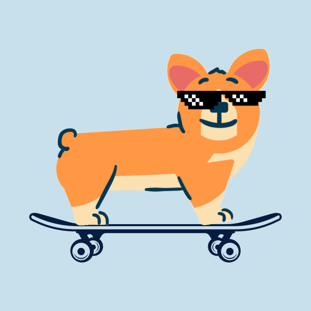 Corgi on a SkateBoard by Dog & Rooster