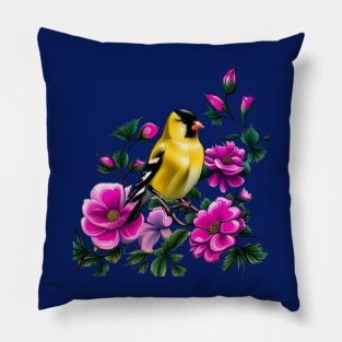 Goldfinch Surrounded By Pink Wild Roses Iowa State Tattoo Art Pillow