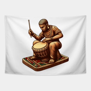 Afrocentric Man Wooden Carving Drums Tapestry