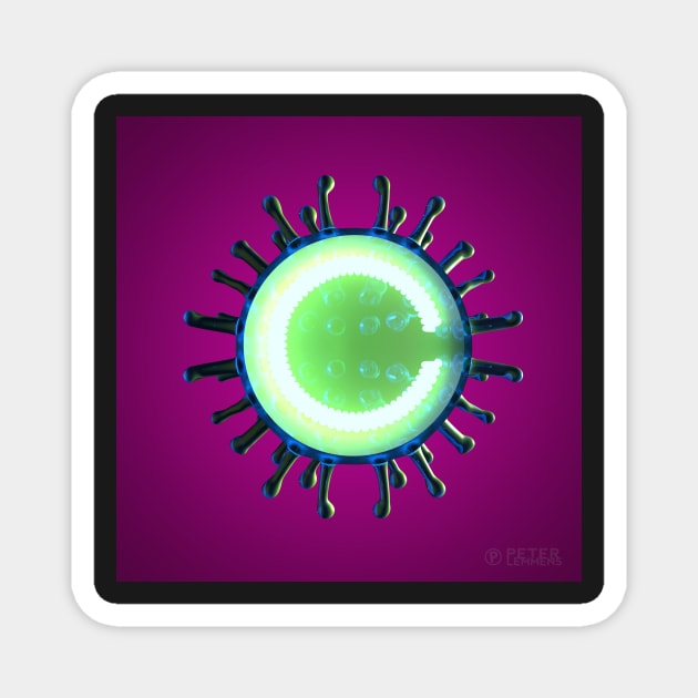 Virus Illumination - A Render of a Virus Cut in Half with Greenish Neon Light Inside on a Purple Background Magnet by Anigroove