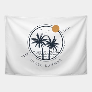 Palms And Ocean. Hello Summer. Motivational Quote. Geometric Style Tapestry