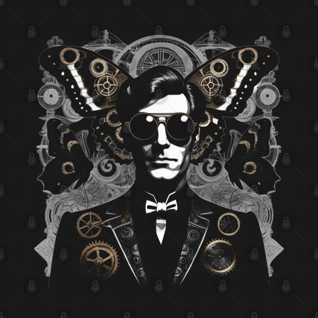 A man in a black suit with steampunk sunglasses and a big moth behind his head by bmron