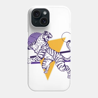 Retro Purple & Gold Tiger on the Attack // Vintage Geometric Shapes Background Phone Case