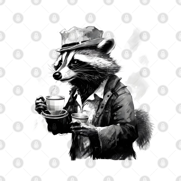 Raccoon in gentleman hat coffee lover by beangeerie