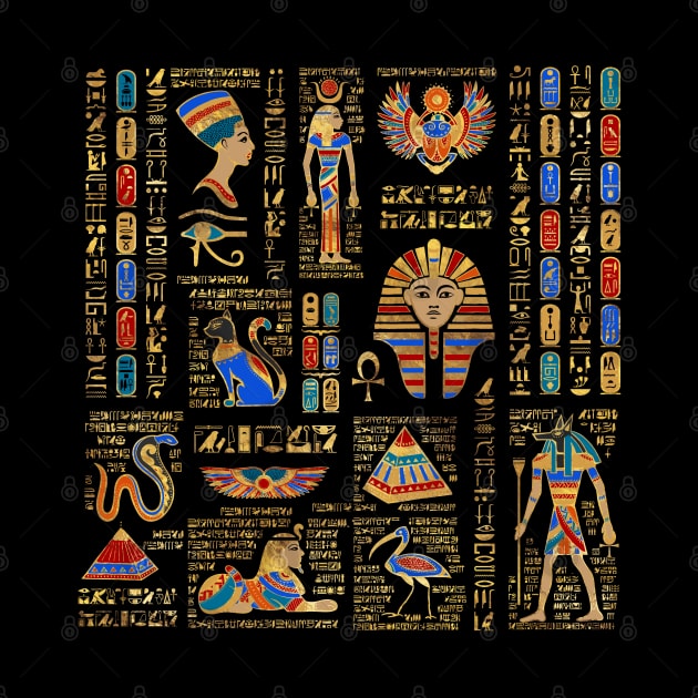 Egyptian hieroglyphs and deities on black by Nartissima