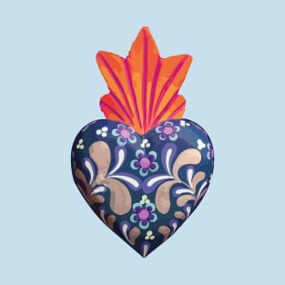 Mexican folk art sacred heart Oaxacan wood carving hand painted flower milagrito blue bold decoration T-Shirt