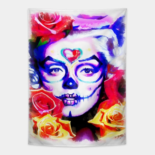 Sugar skull girl with yellow and red roses Tapestry by AnnArtshock