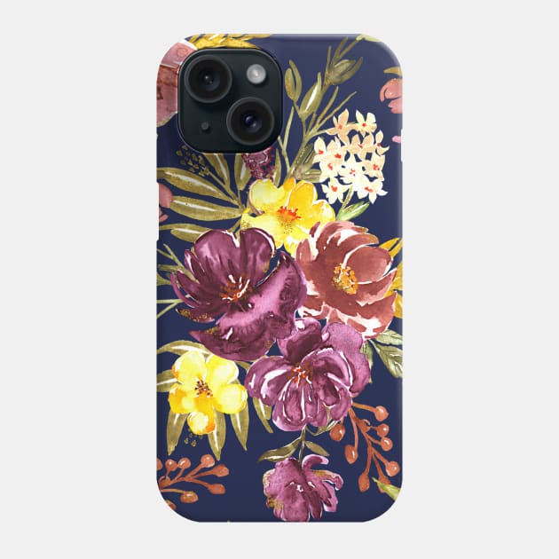 Burgundy Gold Foil Floral Pattern on Navy Blue Phone Case by k8creates