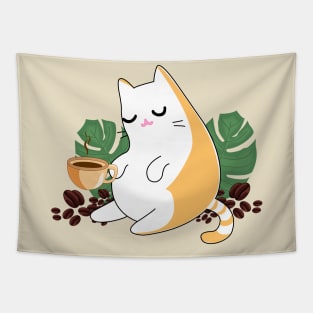 Ginger persian orange cute cat drinking coffee surrounded by leaves and beans of coffee Tapestry