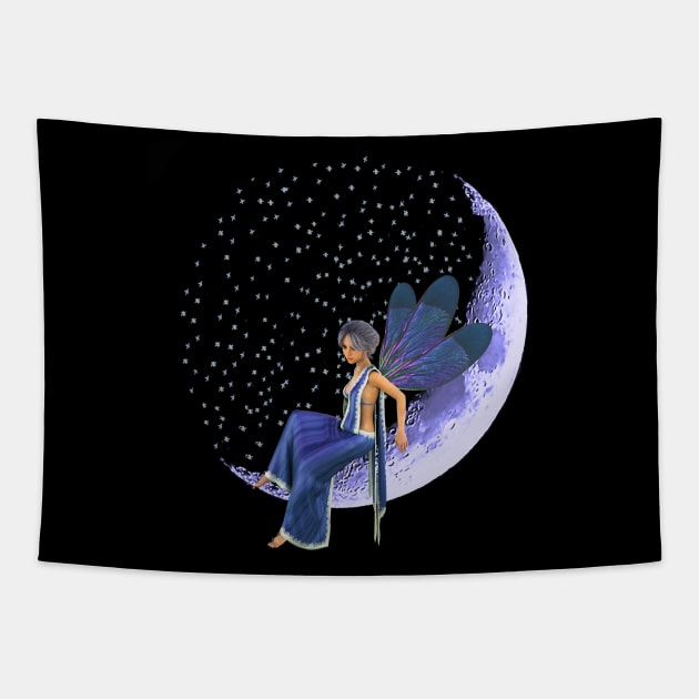 Fairy faerie elf sitting on sickle moon with stars in blue dress Tapestry by Fantasyart123