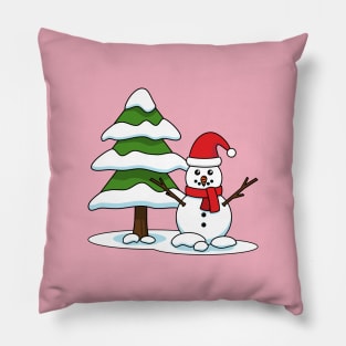 Snowman with Snowy Pine Tree Pillow