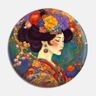 Asian Art Nouveau Woman Beauty Adorned with Flowers Pin