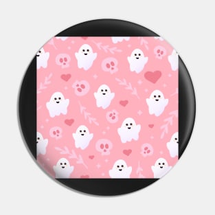 Ghost in pink colours with skulls, hearts and leaves, Pin