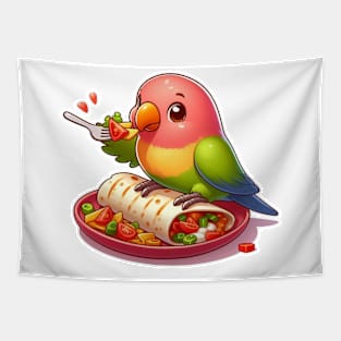 cute love birds are eating Mexican specialties, Tacos, Burritos, Enchiladas, Quesadillas, Guacamole, Fajitas, Chiles Rellenos, Tamales, Mole, Chilaquiles, Tapestry