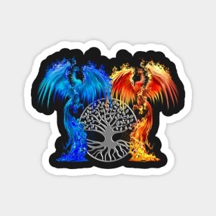 Fantasy Fire And Ice Phoenix Silver Tree Of Life Magnet