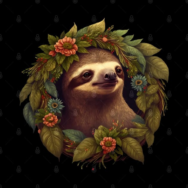 Cute Sloth in a Floral Wreath by MythicPrompts