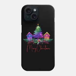 Vintage Christmas Village - Vibrant Colored Gingerbread Homes - Christmas Tree - Retro Christmas Scene Phone Case