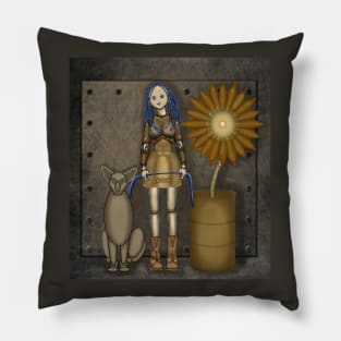 Girl with a cat and a sunflower. Steampunk Pillow