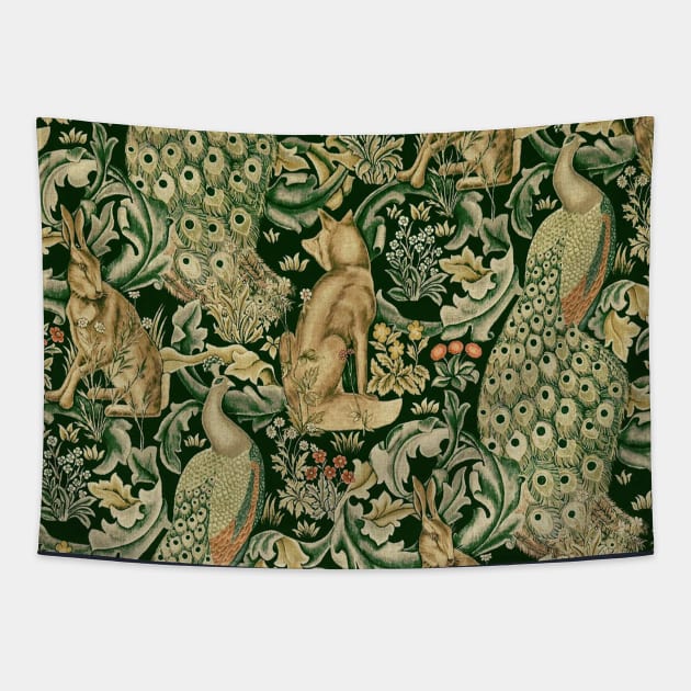 GREEN FOREST ANIMALS ,PEACOCKS, FOX AND HARE Tapestry by BulganLumini