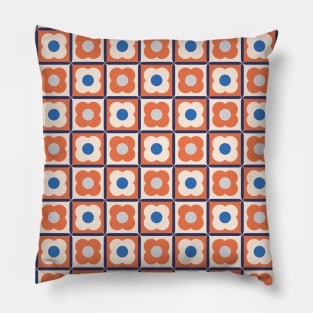 Retro Floral Checker Pattern Apricot Crush, Blue Pillow