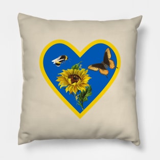 Sunflowers Bee and Butterfly in Blue and Yellow Heart Pillow