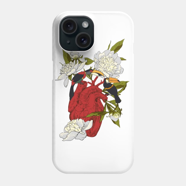 Heart with Flowers, Leaves and Birds Phone Case by Olga Berlet
