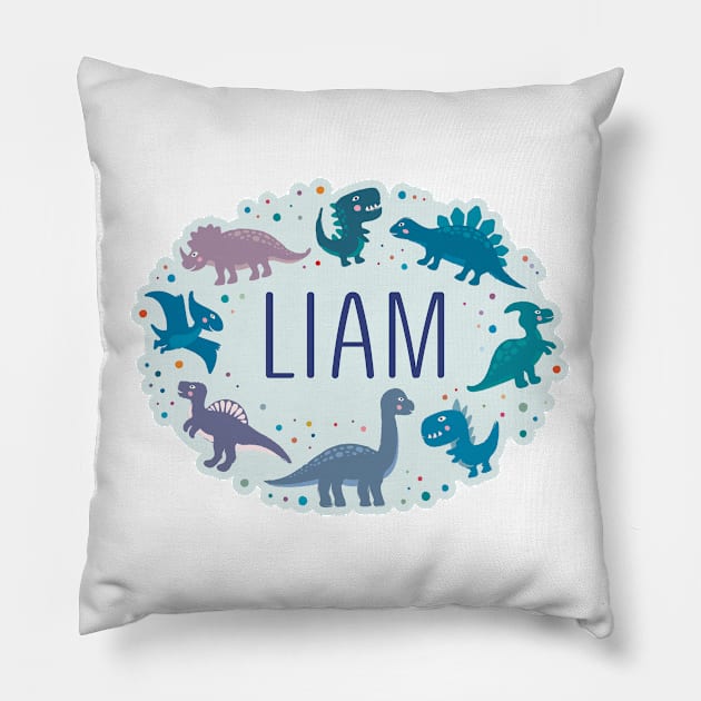 Liam name surrounded by dinosaurs Pillow by WildMeART