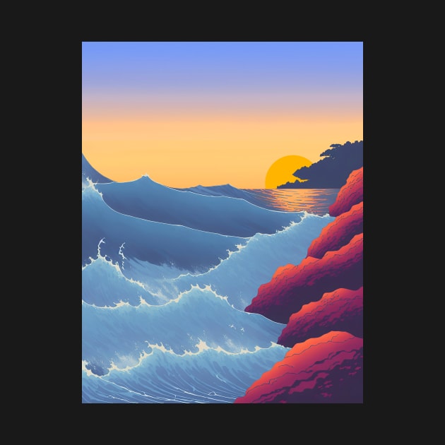 Ukiyo-e Japanese Art - Waves Crashing Against a Rocky Coast at Sunset by allovervintage