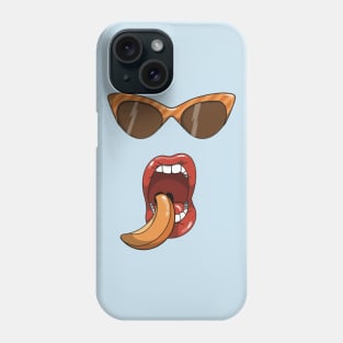 Mouth about to eat a slice of a peach while wearing matching orange striped sun glasses. Phone Case