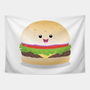 Cute happy kawaii hamburger cartoon Tapestry