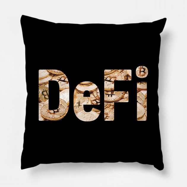 DeFi text with bitcoins pattern Decentralized Finance Pillow by Brasilia Catholic