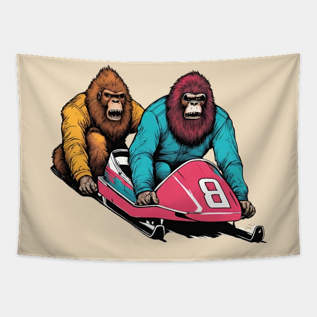 Funny Bobsleigh with Bigfoot Crews in Winter Sports Bobsleighing Christmas Tapestry by DaysuCollege